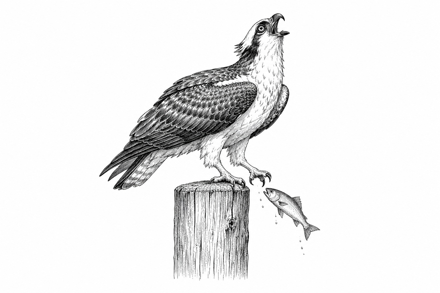 Illustration for The Gull and the Osprey: osprey on a pier piling crying out as a mullet slips from its talons